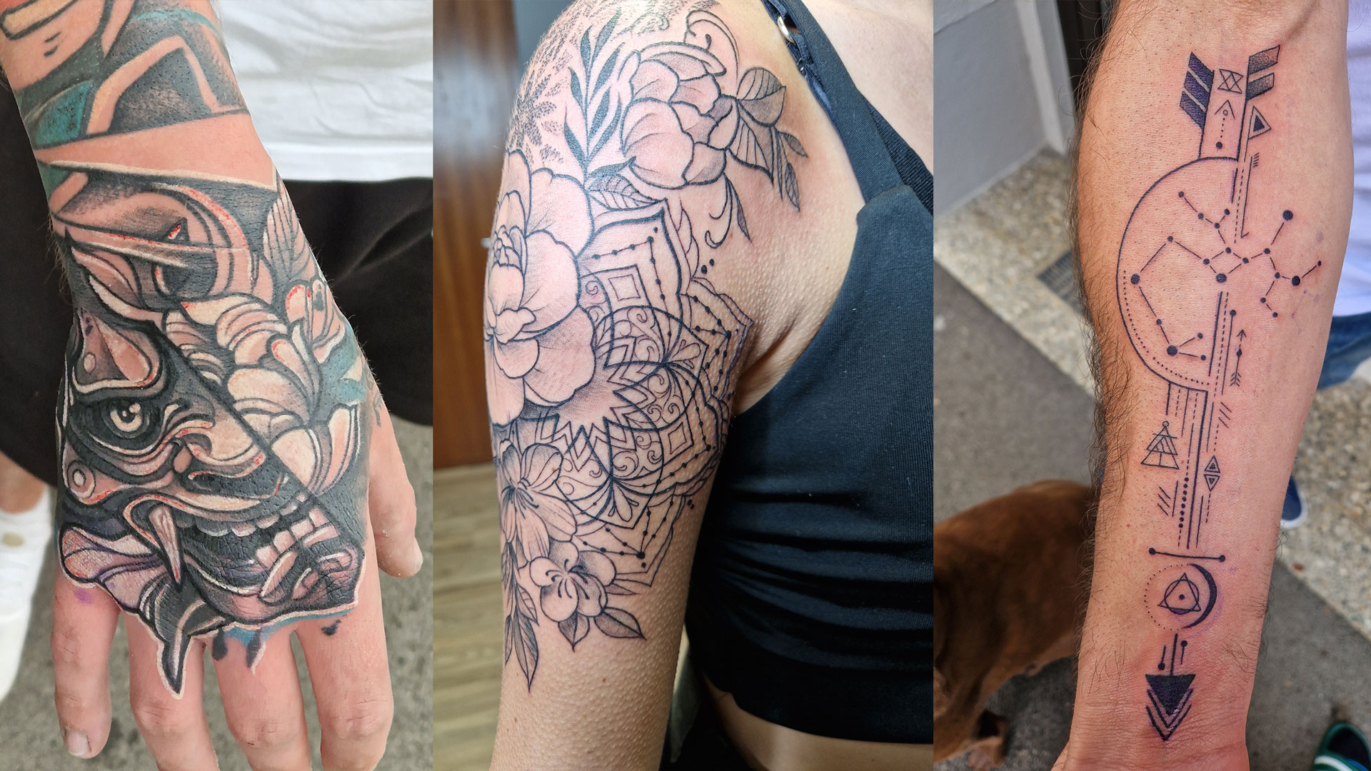 Drei tätowierte Arme, links bunt, Mitte Blumen, rechts geometrisch, auf hellem Hintergrund.